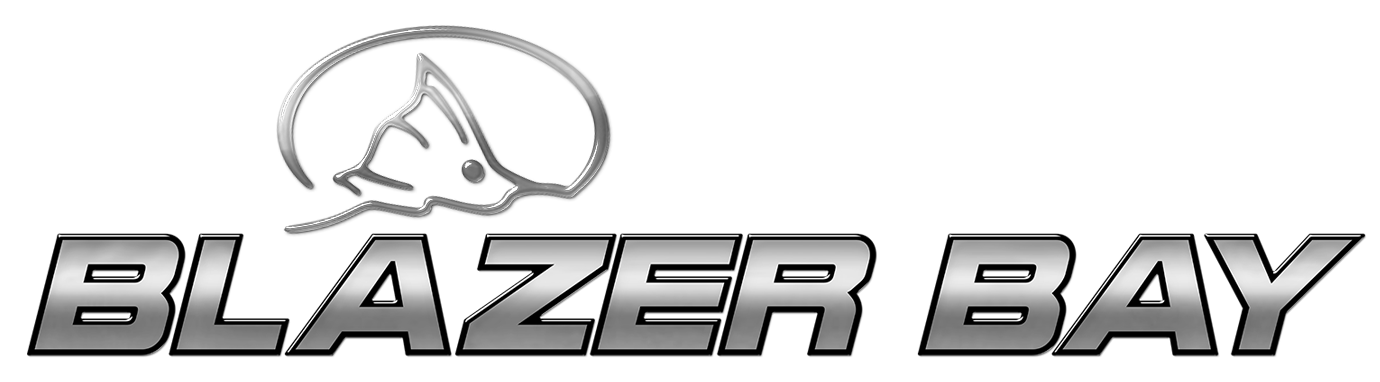 Blazer Bay Boats logo featuring a metallic silver “BLAZER BAY” wordmark with a stylized fish outline emblem above the text on a transparent background, representing a coastal fishing boat brand.